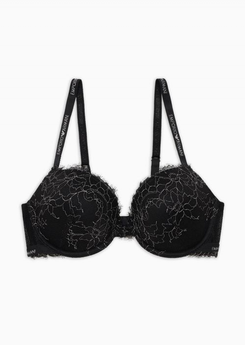 Black Emporio Armani Christmas Lace Push-up Bra | EA-SN56642