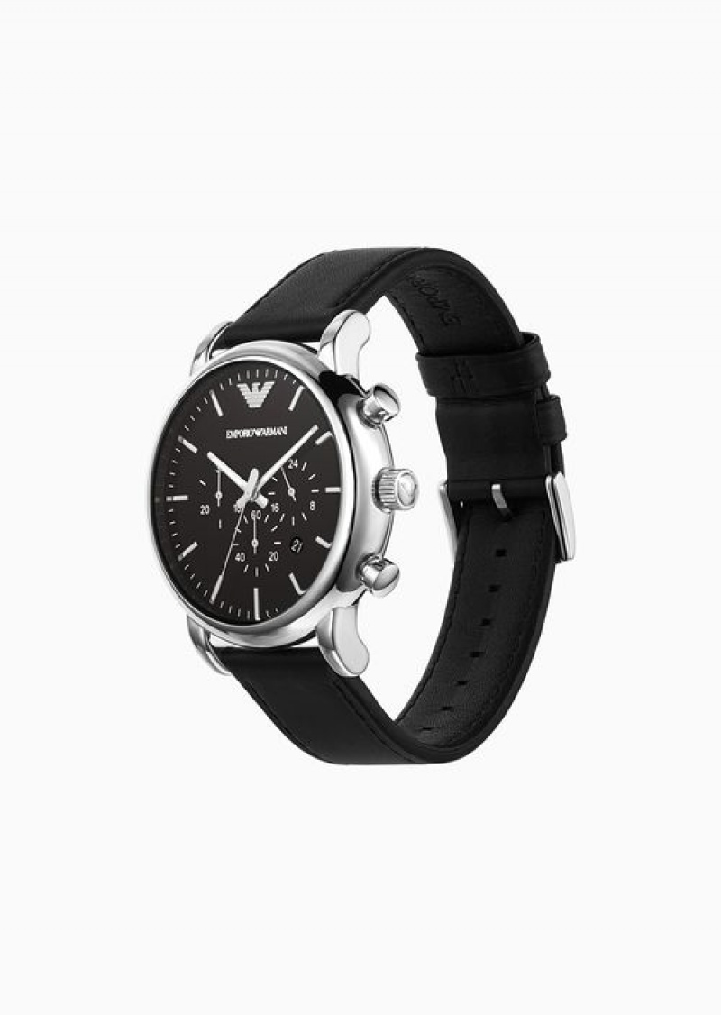 Black Emporio Armani Chronograph Black Leather Watch | EA-SN59323