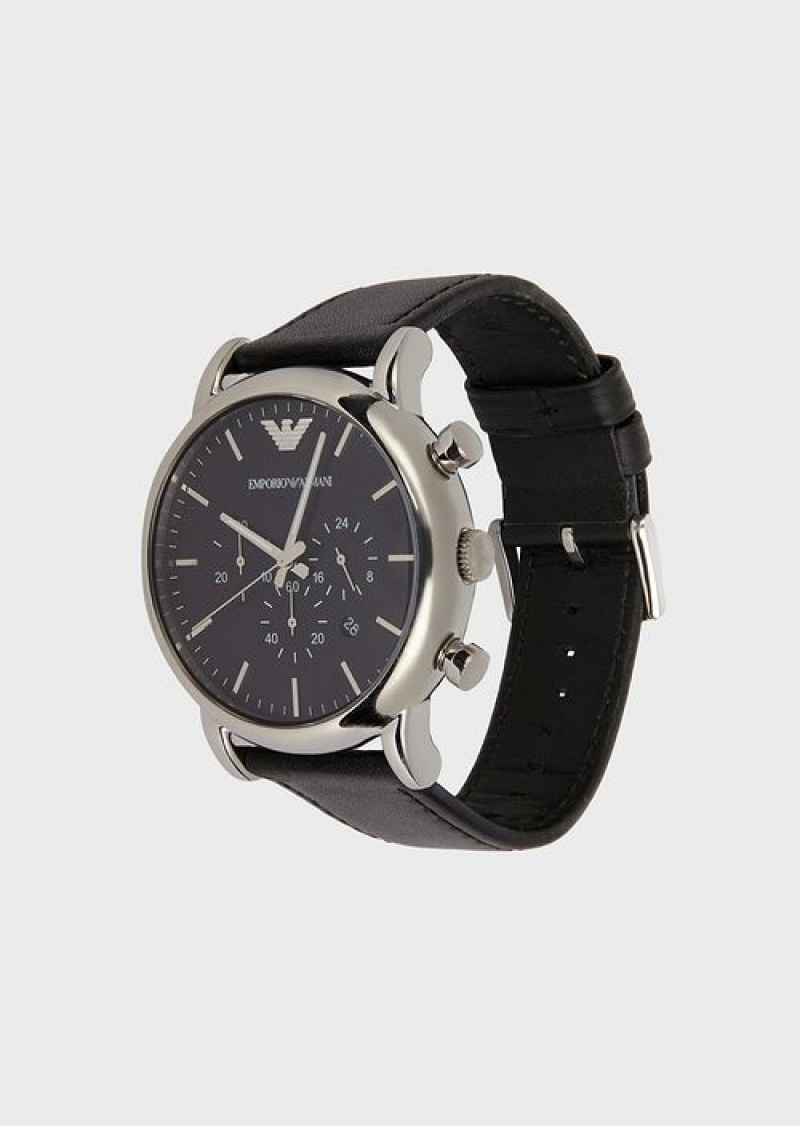 Black Emporio Armani Chronograph Black Leather Watch | EA-SN59323