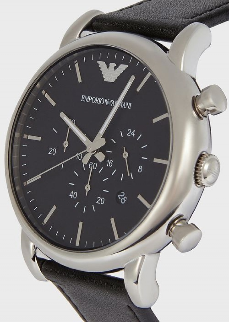 Black Emporio Armani Chronograph Black Leather Watch | EA-SN59323