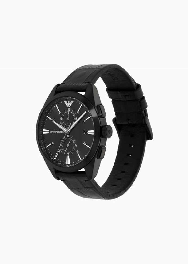 Black Emporio Armani Chronograph Black Leather Watch | EA-SN59339