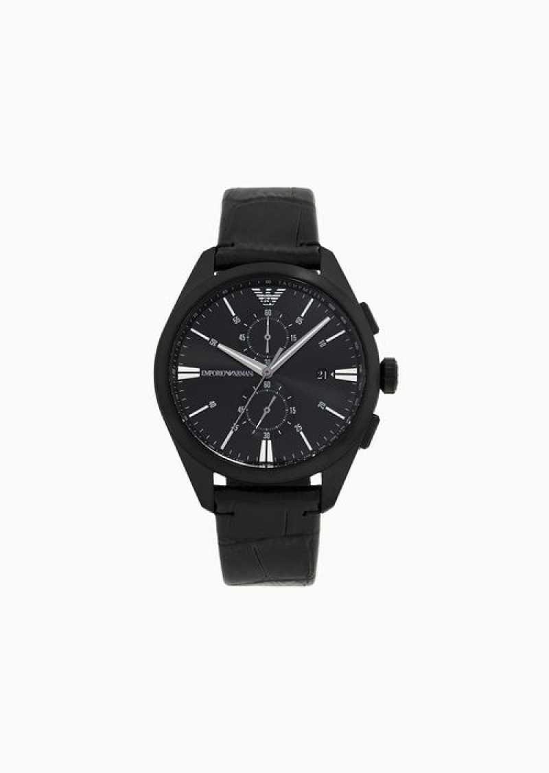 Black Emporio Armani Chronograph Black Leather Watch | EA-SN59339