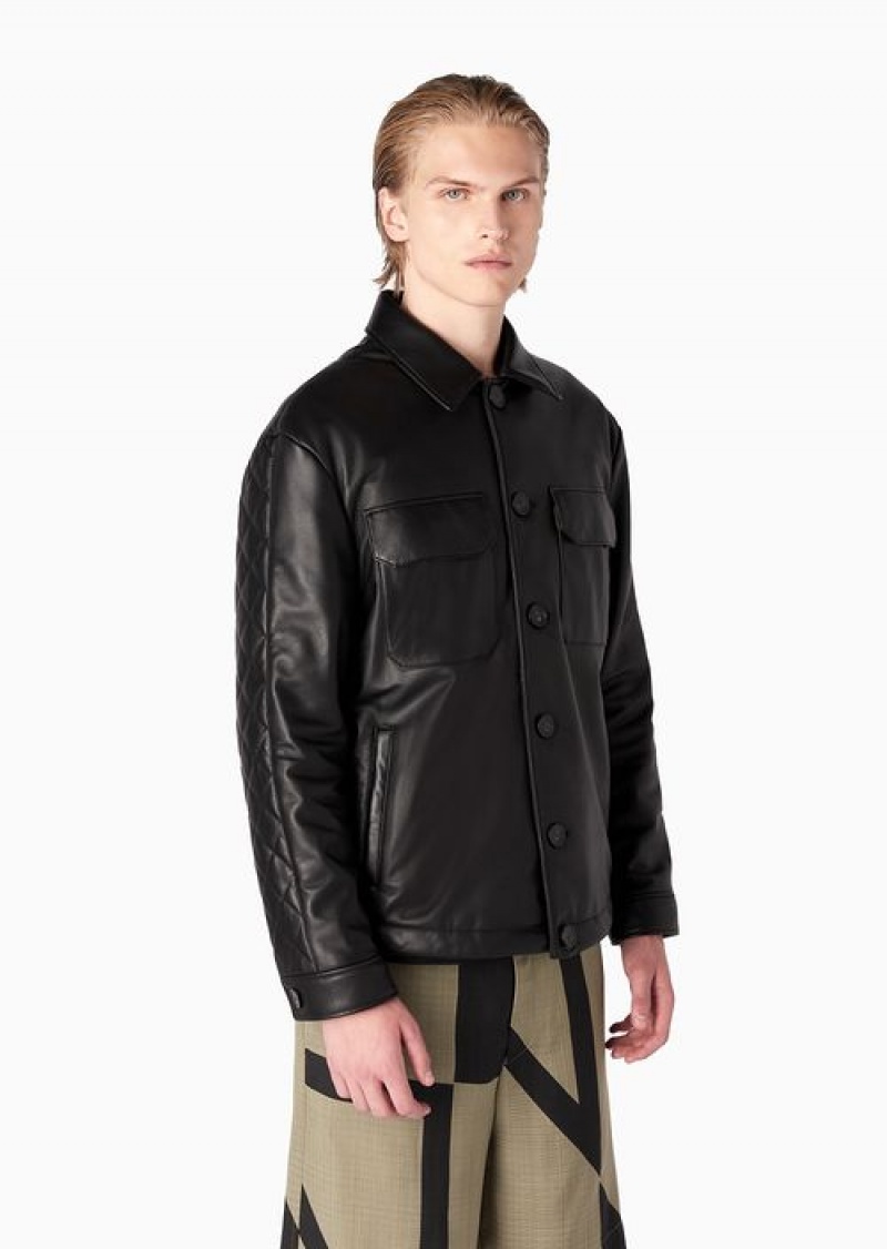 Black Emporio Armani Classic-collar Blouson In Supple, Slightly Padded Lambskin Nappa Leather, With Buttons | EA-SN58158