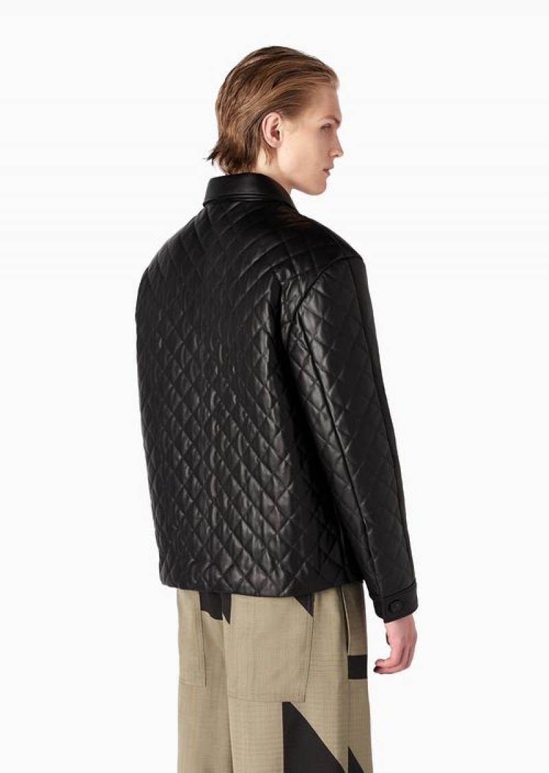 Black Emporio Armani Classic-collar Blouson In Supple, Slightly Padded Lambskin Nappa Leather, With Buttons | EA-SN58158