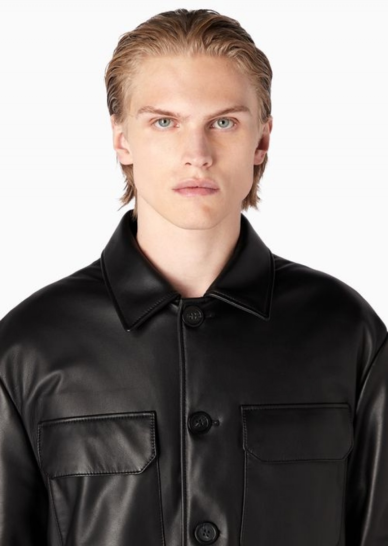 Black Emporio Armani Classic-collar Blouson In Supple, Slightly Padded Lambskin Nappa Leather, With Buttons | EA-SN58158