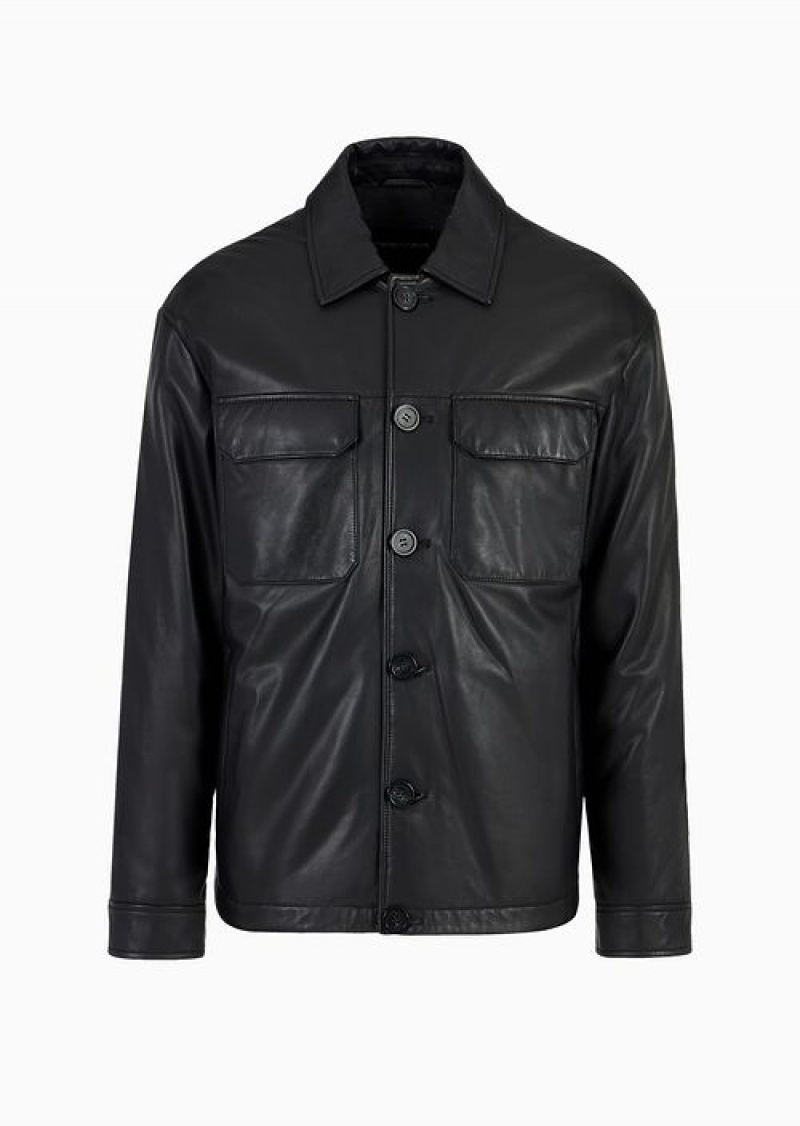 Black Emporio Armani Classic-collar Blouson In Supple, Slightly Padded Lambskin Nappa Leather, With Buttons | EA-SN58158