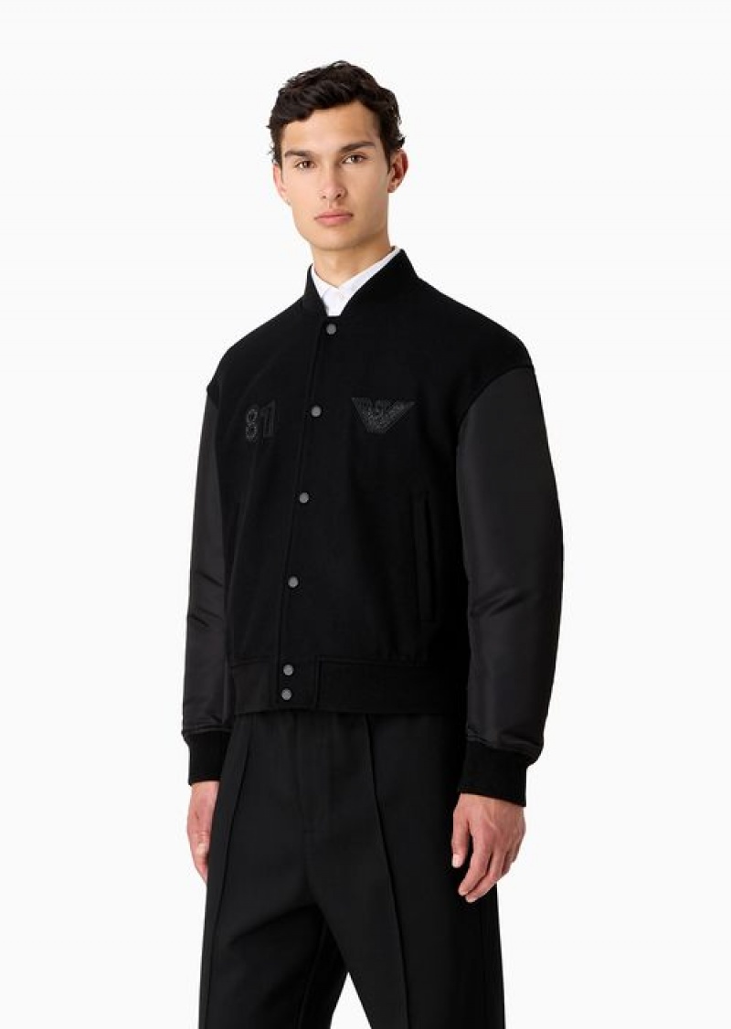 Black Emporio Armani Clubwear Casentino Wool Bomber Jacket With Nylon Sleeves And Rhinestone Patch | EA-SN58262