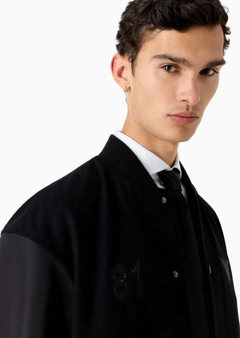 Black Emporio Armani Clubwear Casentino Wool Bomber Jacket With Nylon Sleeves And Rhinestone Patch | EA-SN58262