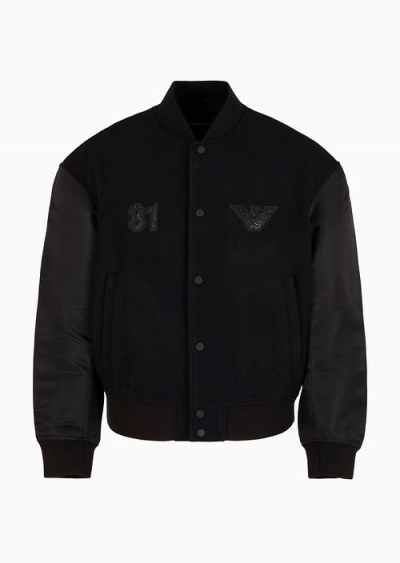 Black Emporio Armani Clubwear Casentino Wool Bomber Jacket With Nylon Sleeves And Rhinestone Patch | EA-SN58262