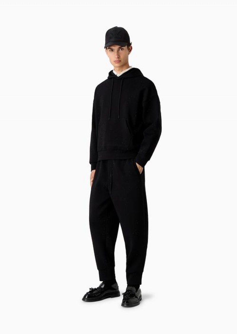 Black Emporio Armani Clubwear Double-jersey Hooded, Oversize Sweatshirt With Rhinestones | EA-SN58545