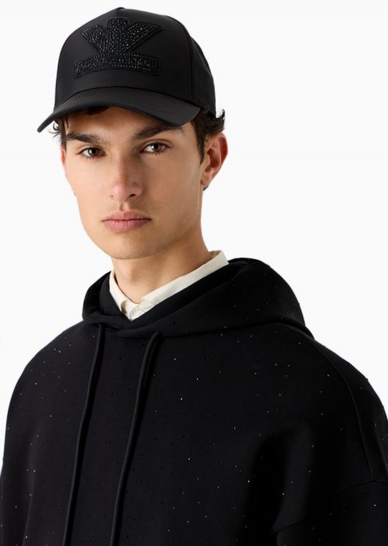 Black Emporio Armani Clubwear Double-jersey Hooded, Oversize Sweatshirt With Rhinestones | EA-SN58545