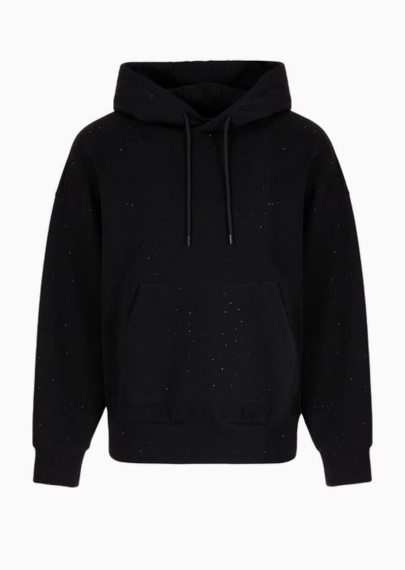 Black Emporio Armani Clubwear Double-jersey Hooded, Oversize Sweatshirt With Rhinestones | EA-SN58545