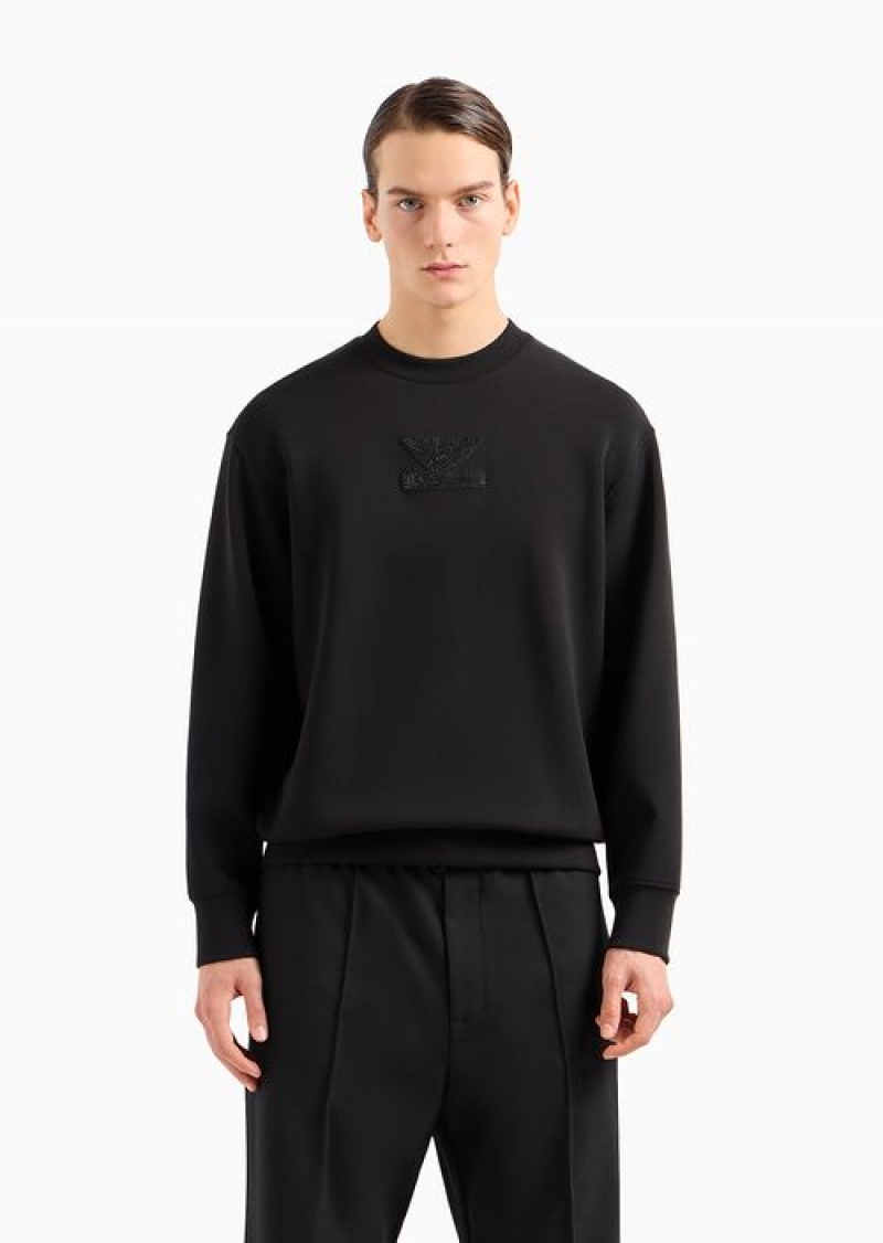 Black Emporio Armani Clubwear Double-jersey Sweatshirt With Patch And Rhinestone Embroidery | EA-SN58557