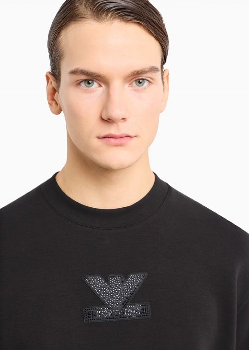 Black Emporio Armani Clubwear Double-jersey Sweatshirt With Patch And Rhinestone Embroidery | EA-SN58557