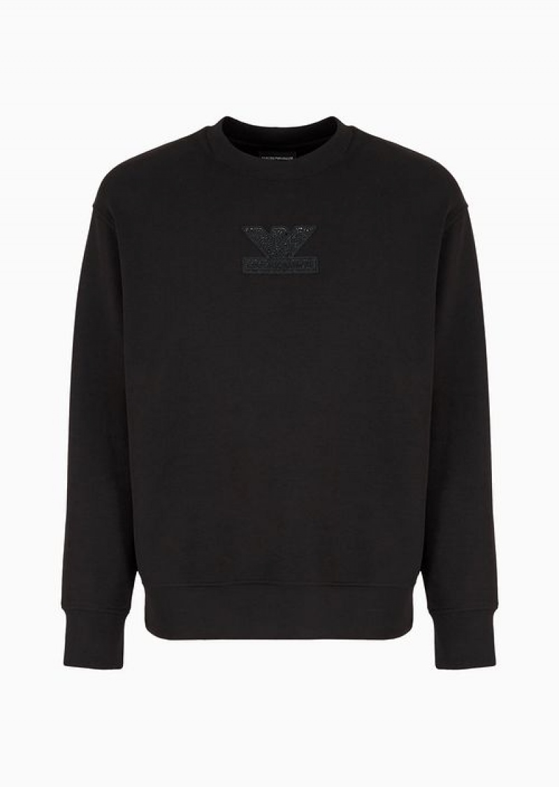 Black Emporio Armani Clubwear Double-jersey Sweatshirt With Patch And Rhinestone Embroidery | EA-SN58557