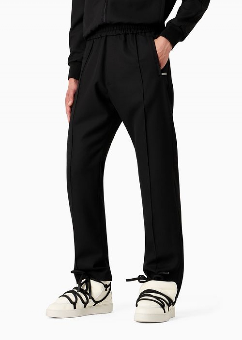 Black Emporio Armani Compact Granular Virgin-wool Elasticated-waist Trousers | EA-SN58409