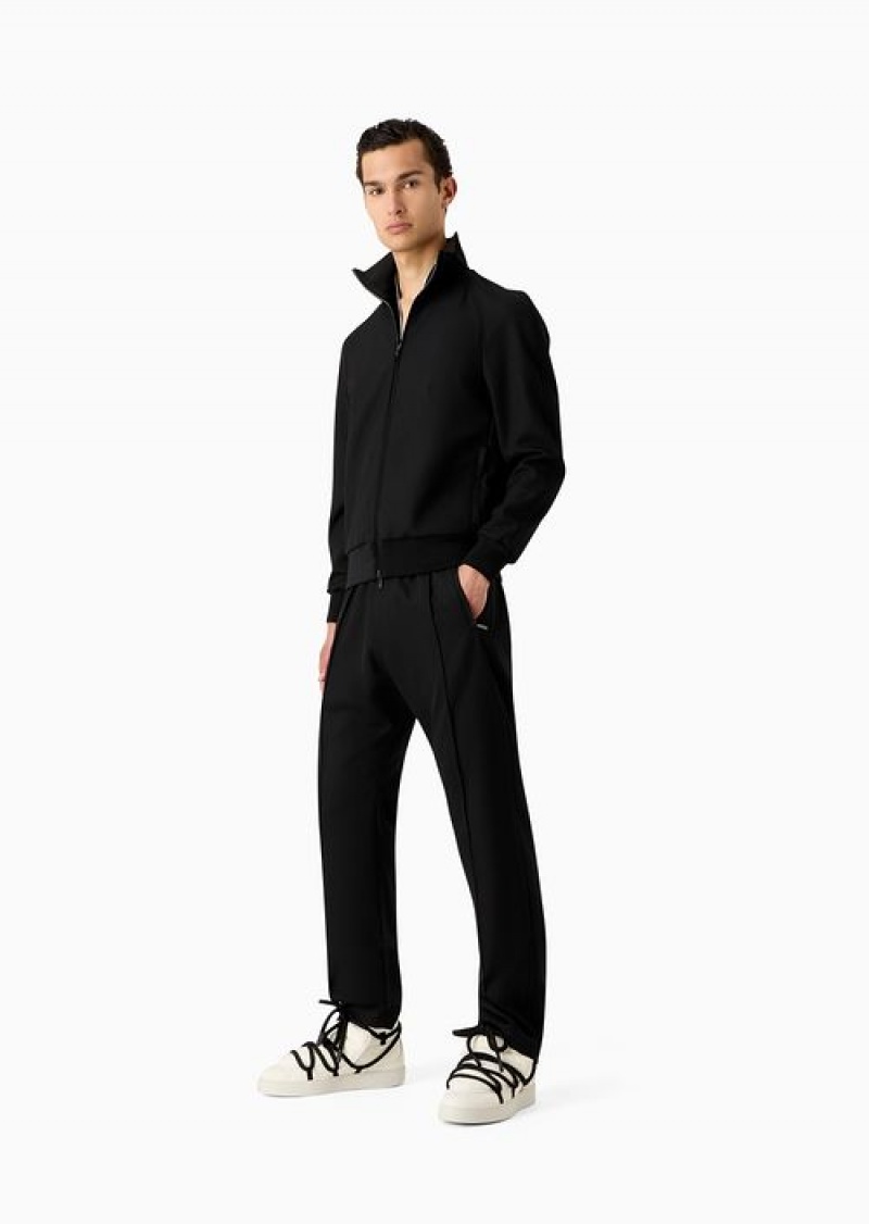 Black Emporio Armani Compact Granular Virgin-wool Elasticated-waist Trousers | EA-SN58409