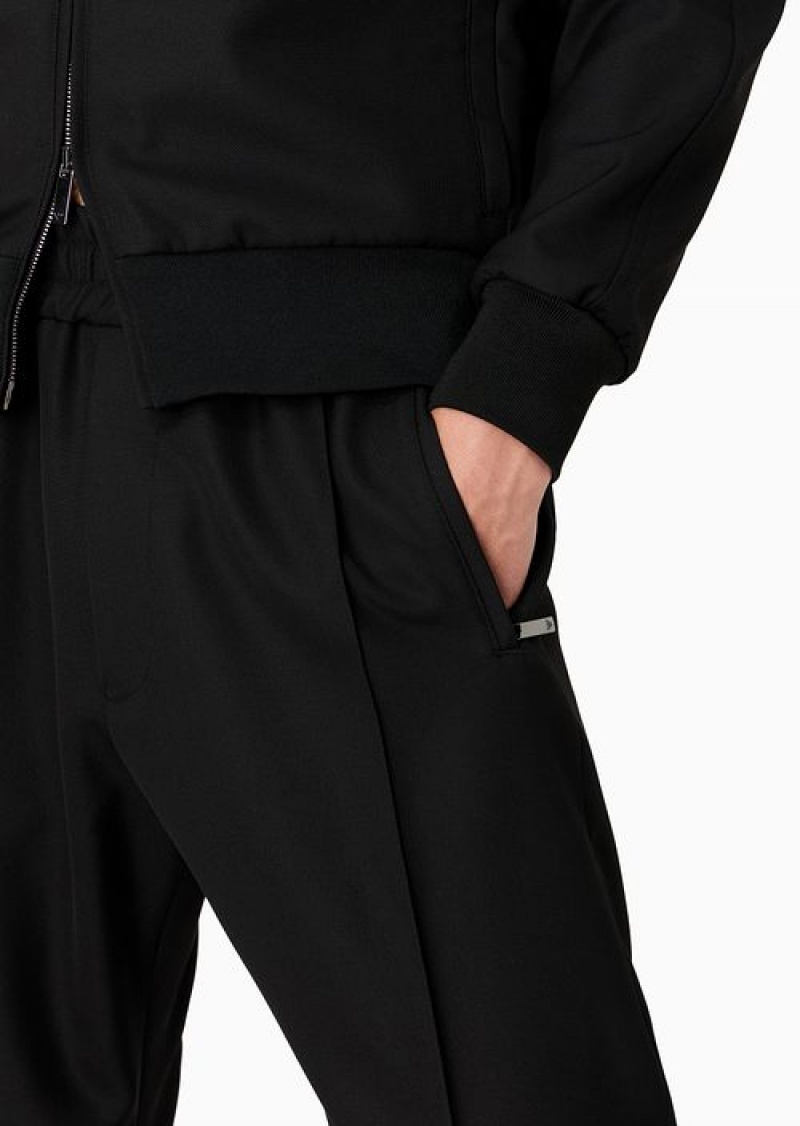 Black Emporio Armani Compact Granular Virgin-wool Elasticated-waist Trousers | EA-SN58409