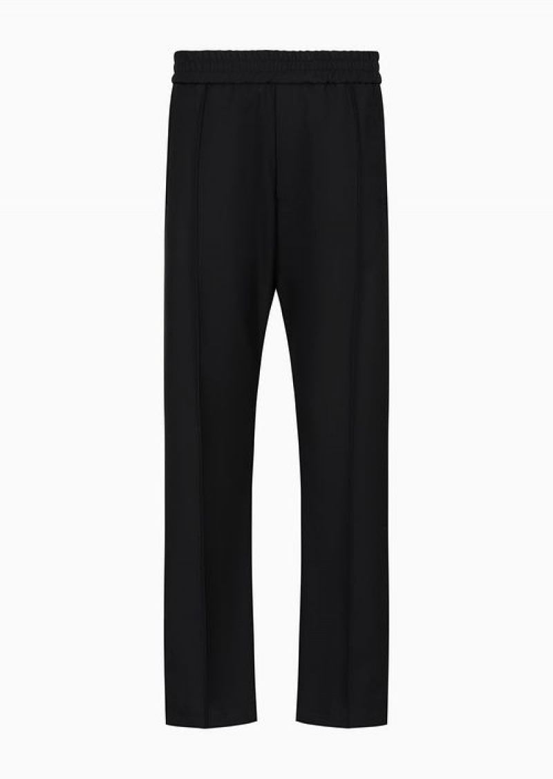 Black Emporio Armani Compact Granular Virgin-wool Elasticated-waist Trousers | EA-SN58409