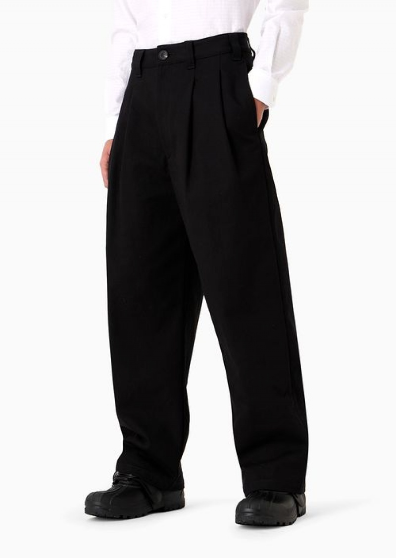 Black Emporio Armani Cotton Twill Trousers With Pleats | EA-SN58314