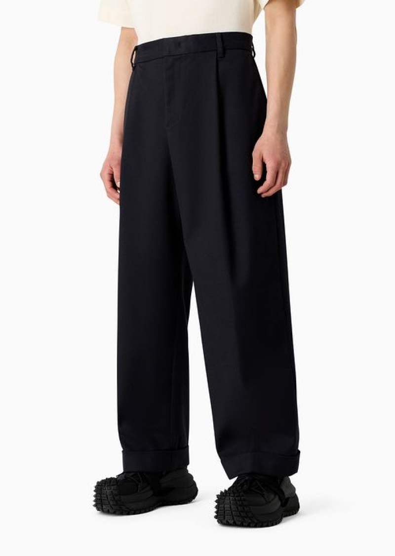 Black Emporio Armani Cotton Twill Wide Trousers With Pleat | EA-SN58385