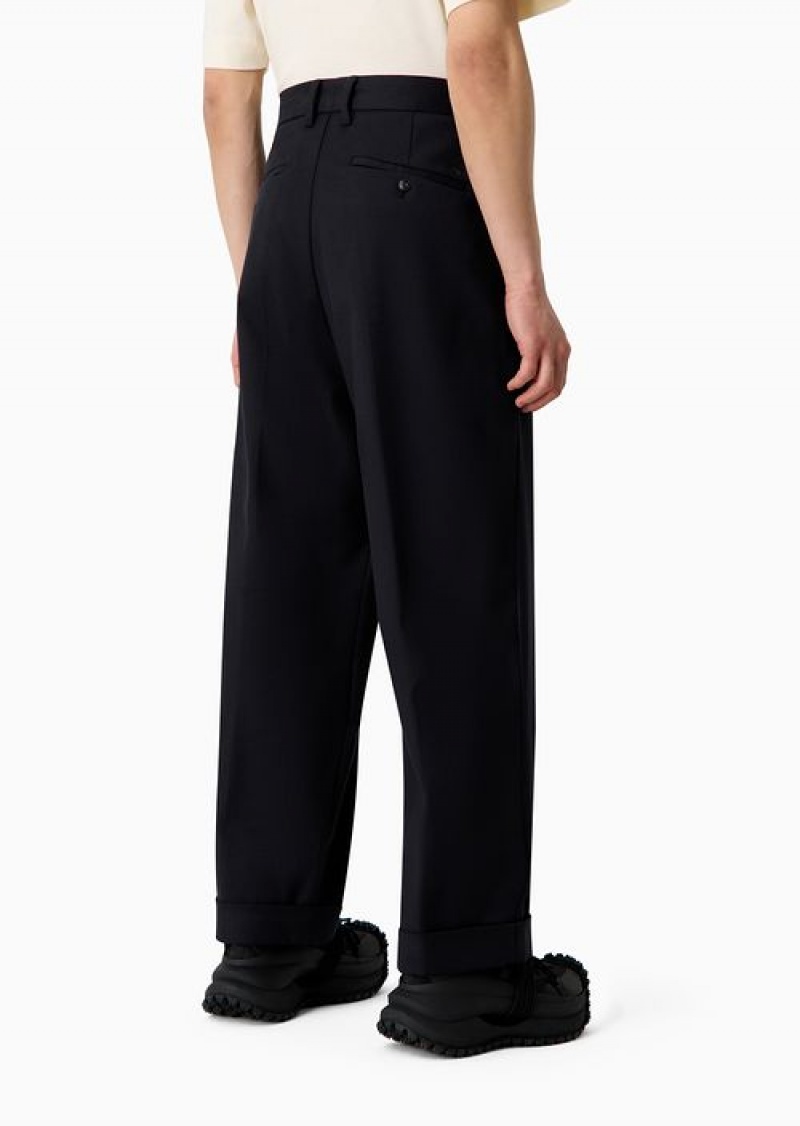 Black Emporio Armani Cotton Twill Wide Trousers With Pleat | EA-SN58385