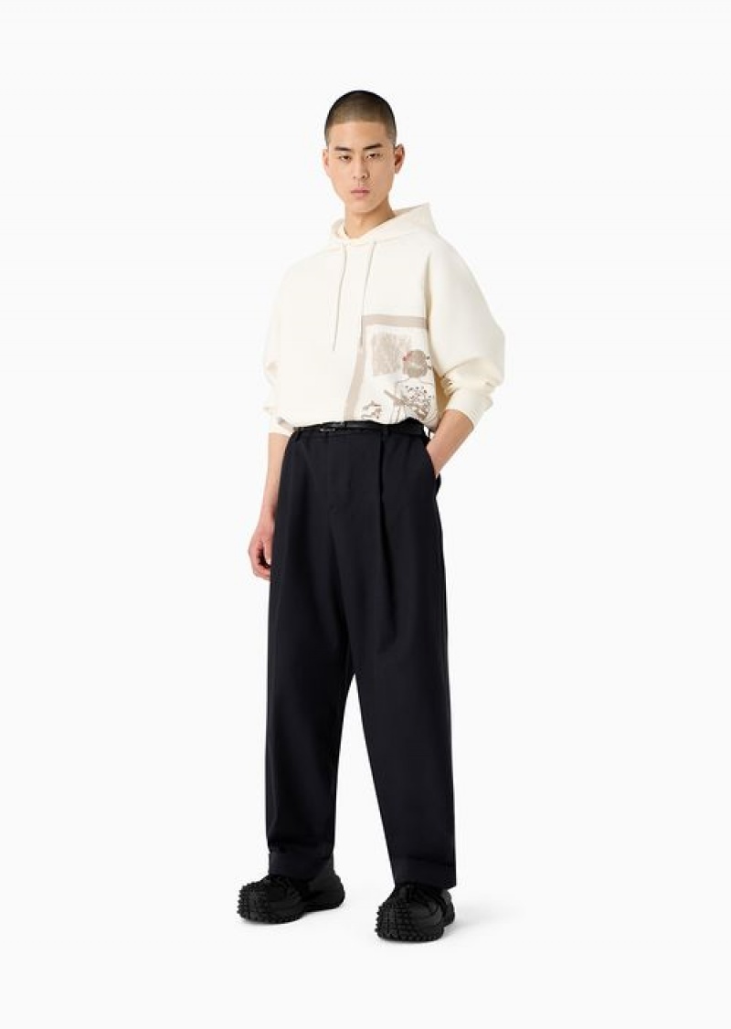 Black Emporio Armani Cotton Twill Wide Trousers With Pleat | EA-SN58385