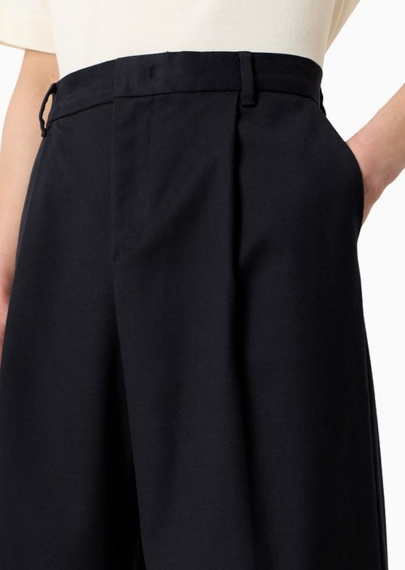 Black Emporio Armani Cotton Twill Wide Trousers With Pleat | EA-SN58385