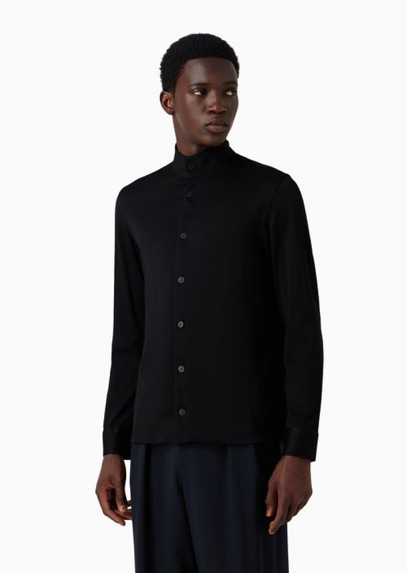 Black Emporio Armani Cotton-jersey Shirt With Guru Collar | EA-SN57916