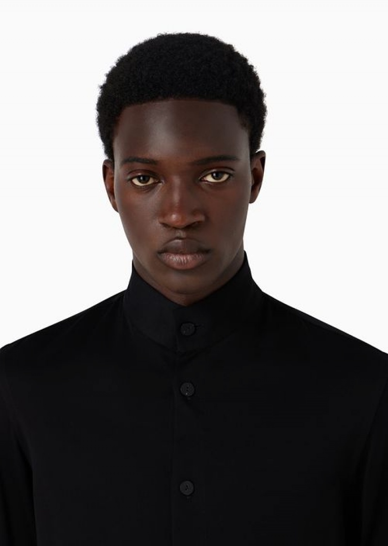 Black Emporio Armani Cotton-jersey Shirt With Guru Collar | EA-SN57916