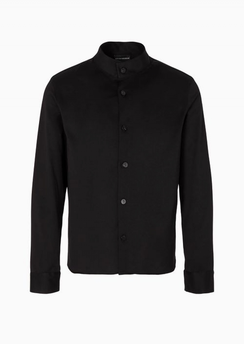 Black Emporio Armani Cotton-jersey Shirt With Guru Collar | EA-SN57916