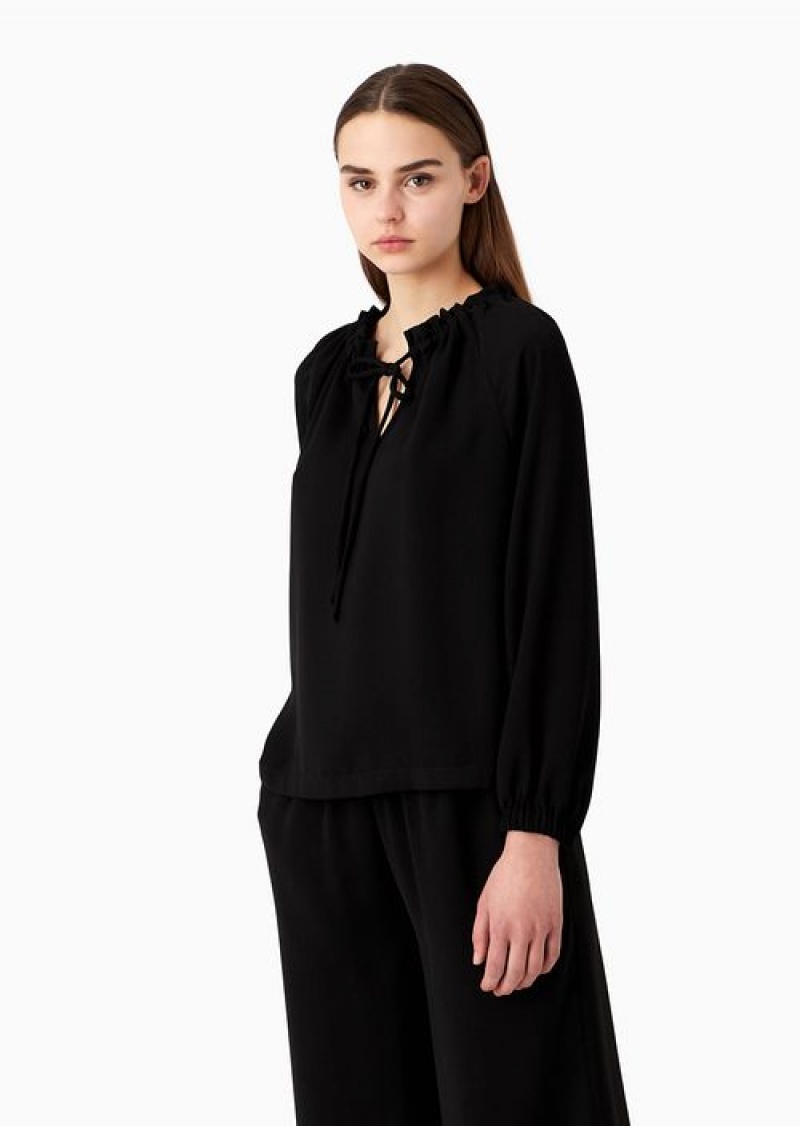 Black Emporio Armani CréPon Blouse With Gathered Neckline And Drawstring | EA-SN56940