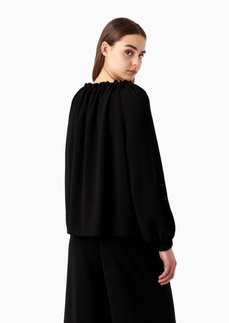 Black Emporio Armani CréPon Blouse With Gathered Neckline And Drawstring | EA-SN56940