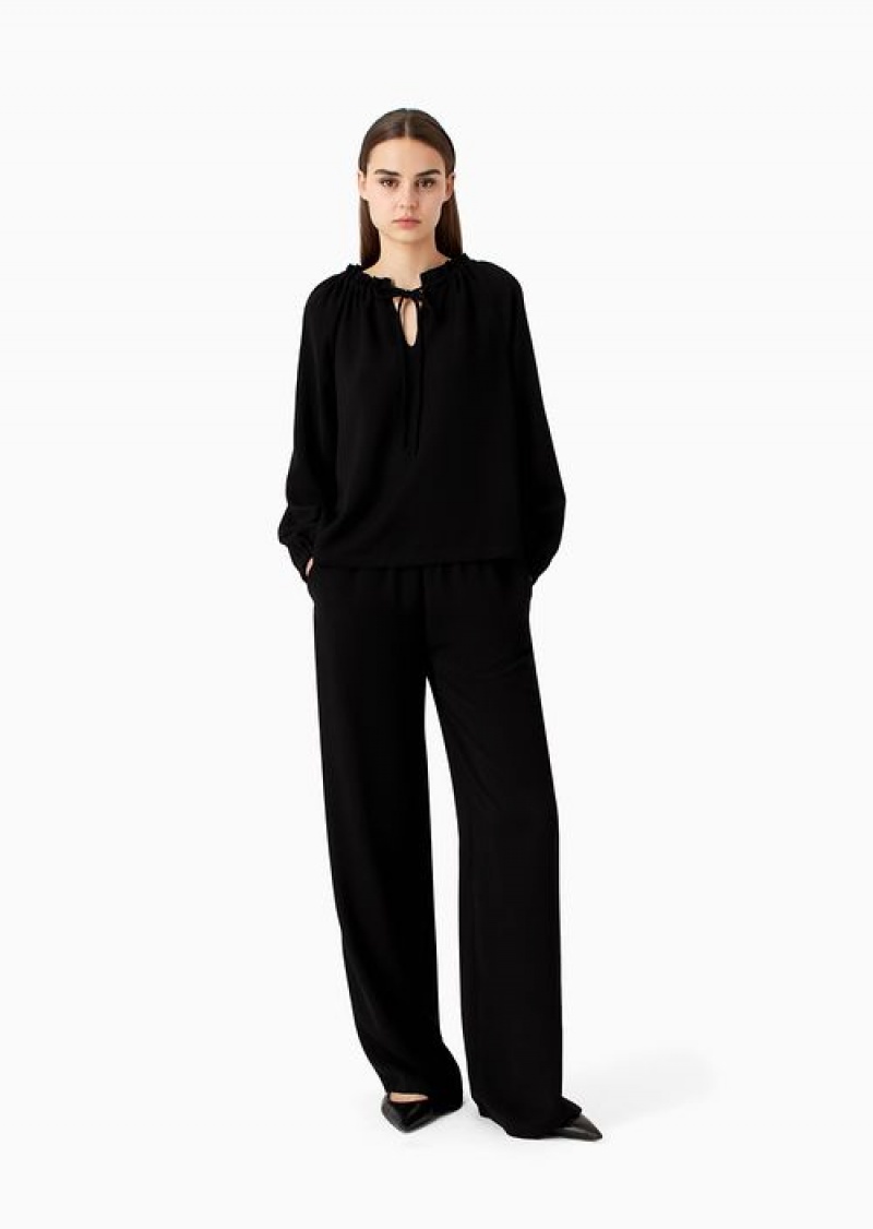 Black Emporio Armani CréPon Blouse With Gathered Neckline And Drawstring | EA-SN56940