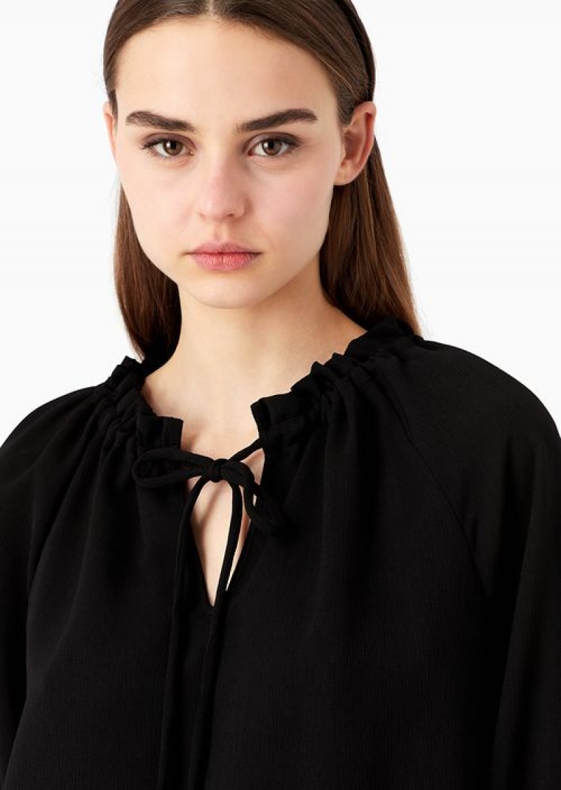 Black Emporio Armani CréPon Blouse With Gathered Neckline And Drawstring | EA-SN56940