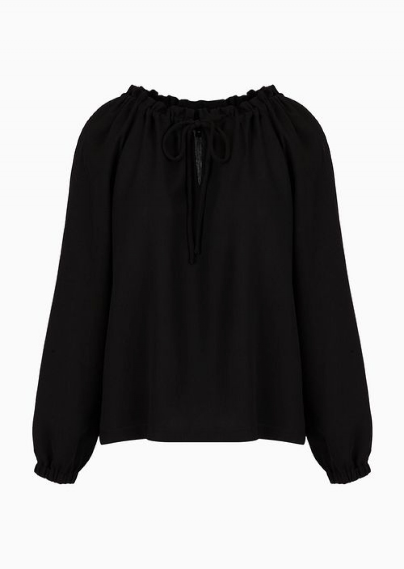 Black Emporio Armani CréPon Blouse With Gathered Neckline And Drawstring | EA-SN56940