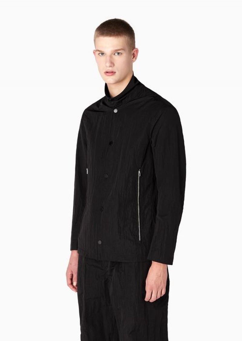 Black Emporio Armani Crinkle-nylon High-collar Jacket With Press Studs | EA-SN57776