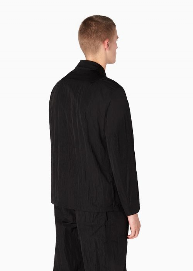 Black Emporio Armani Crinkle-nylon High-collar Jacket With Press Studs | EA-SN57776