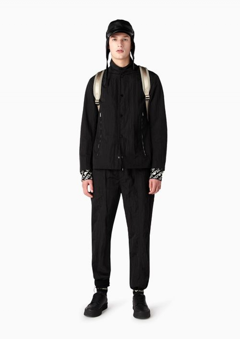 Black Emporio Armani Crinkle-nylon High-collar Jacket With Press Studs | EA-SN57776