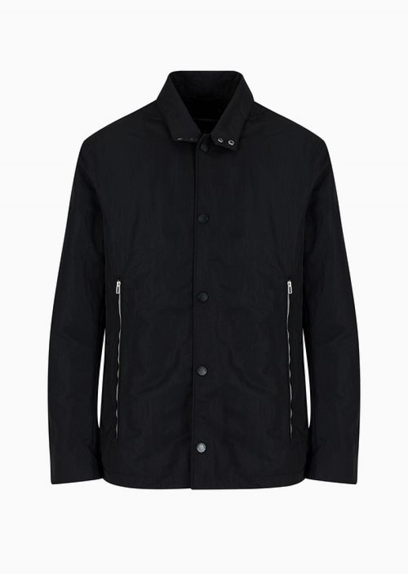 Black Emporio Armani Crinkle-nylon High-collar Jacket With Press Studs | EA-SN57776