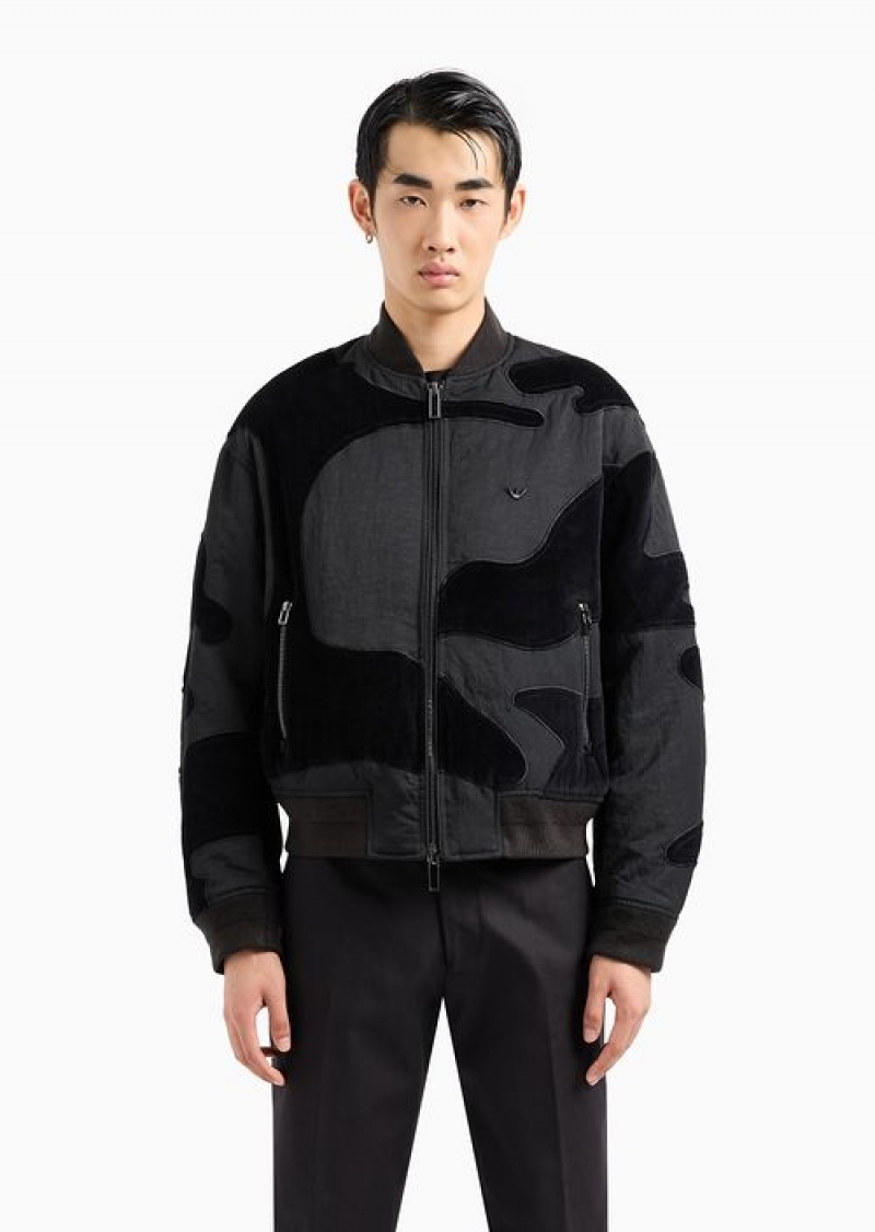 Black Emporio Armani Crinkle-nylon Water-repellent Blouson In Camouflage Velvet | EA-SN58173