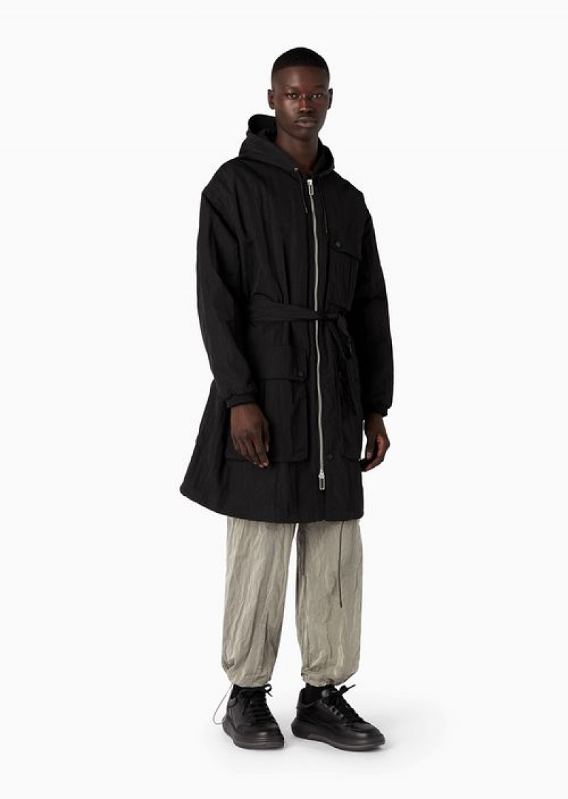 Black Emporio Armani Crinkle-nylon Water-repellent Trench Coat With Hood And Crossover Belt | EA-SN58181