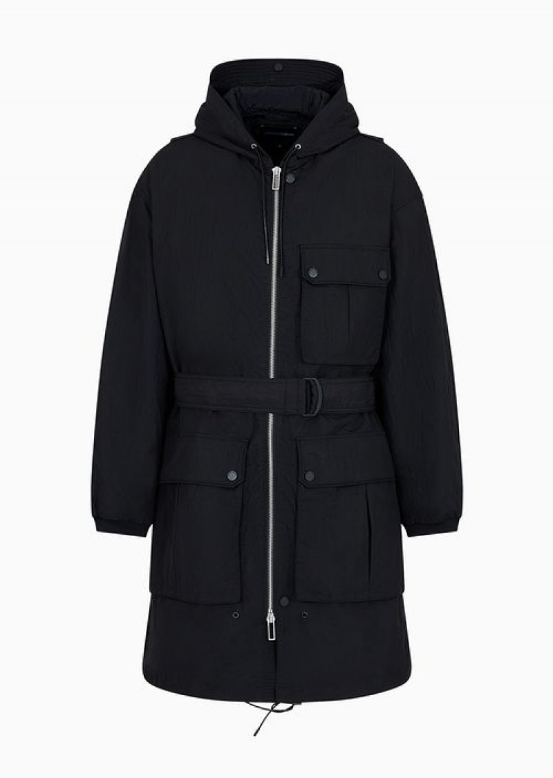 Black Emporio Armani Crinkle-nylon Water-repellent Trench Coat With Hood And Crossover Belt | EA-SN58181