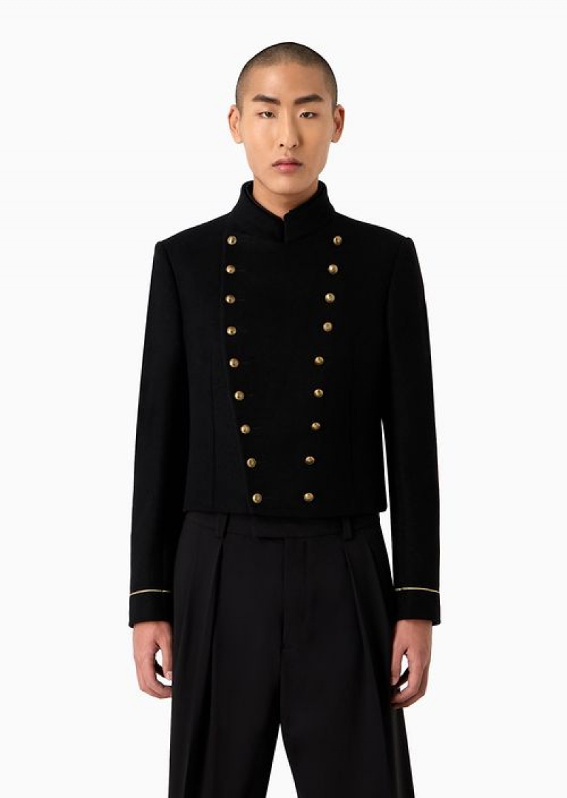 Black Emporio Armani Cropped Military Jacket In A Virgin-wool Cloth And Cashmere Blend | EA-SN57793