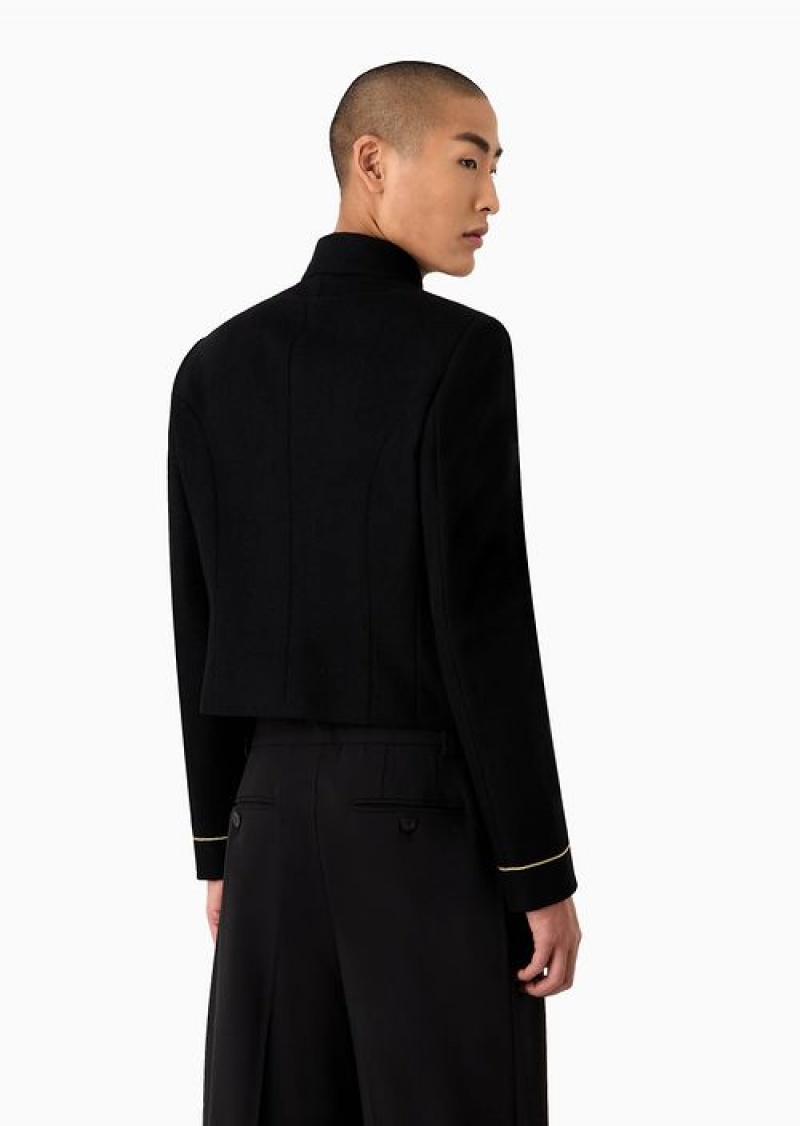 Black Emporio Armani Cropped Military Jacket In A Virgin-wool Cloth And Cashmere Blend | EA-SN57793