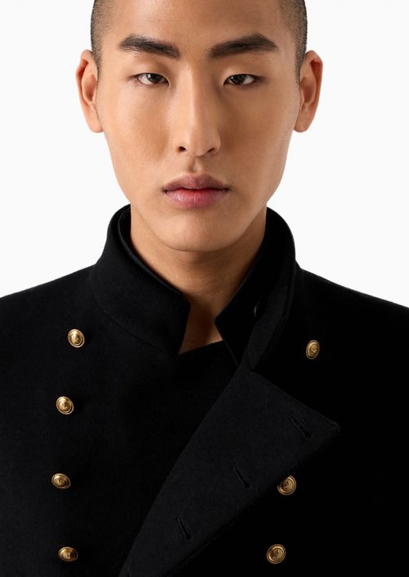 Black Emporio Armani Cropped Military Jacket In A Virgin-wool Cloth And Cashmere Blend | EA-SN57793