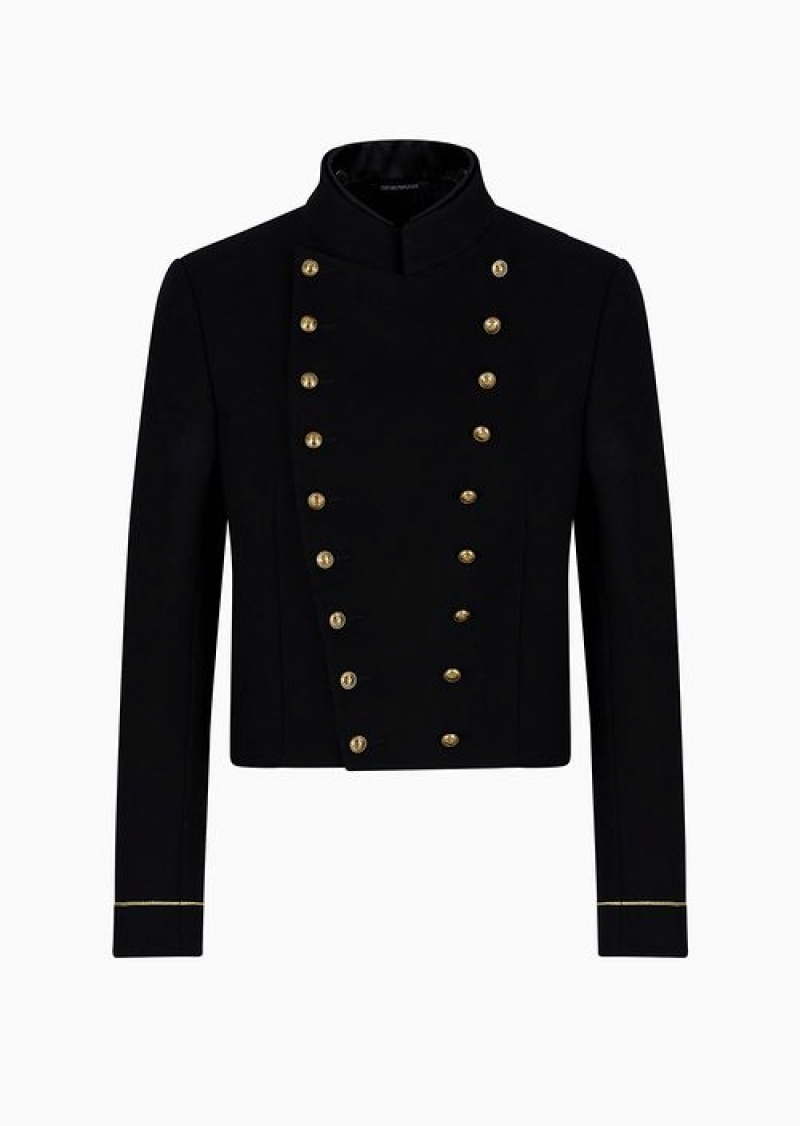 Black Emporio Armani Cropped Military Jacket In A Virgin-wool Cloth And Cashmere Blend | EA-SN57793