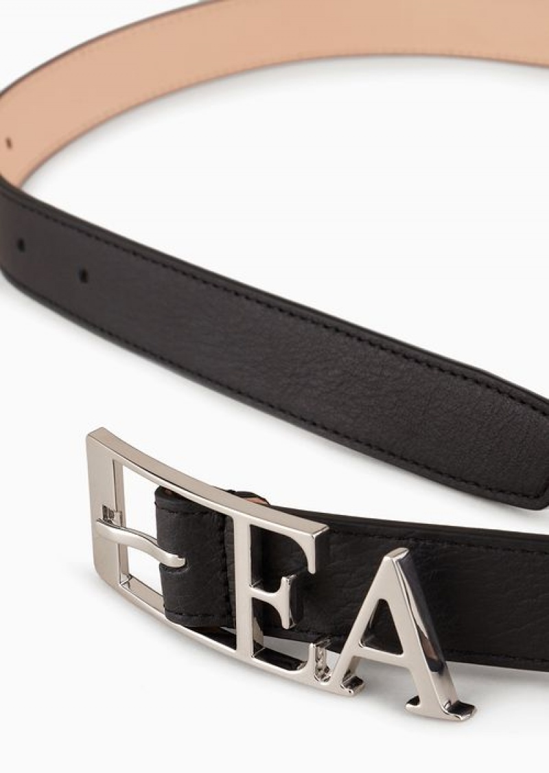 Black Emporio Armani Deer-print Leather Belt With Contoured Ea Buckle | EA-SN57443