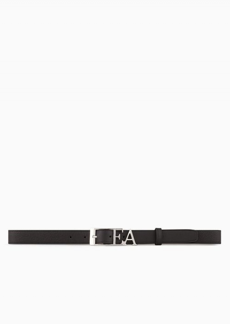 Black Emporio Armani Deer-print Leather Belt With Contoured Ea Buckle | EA-SN57443