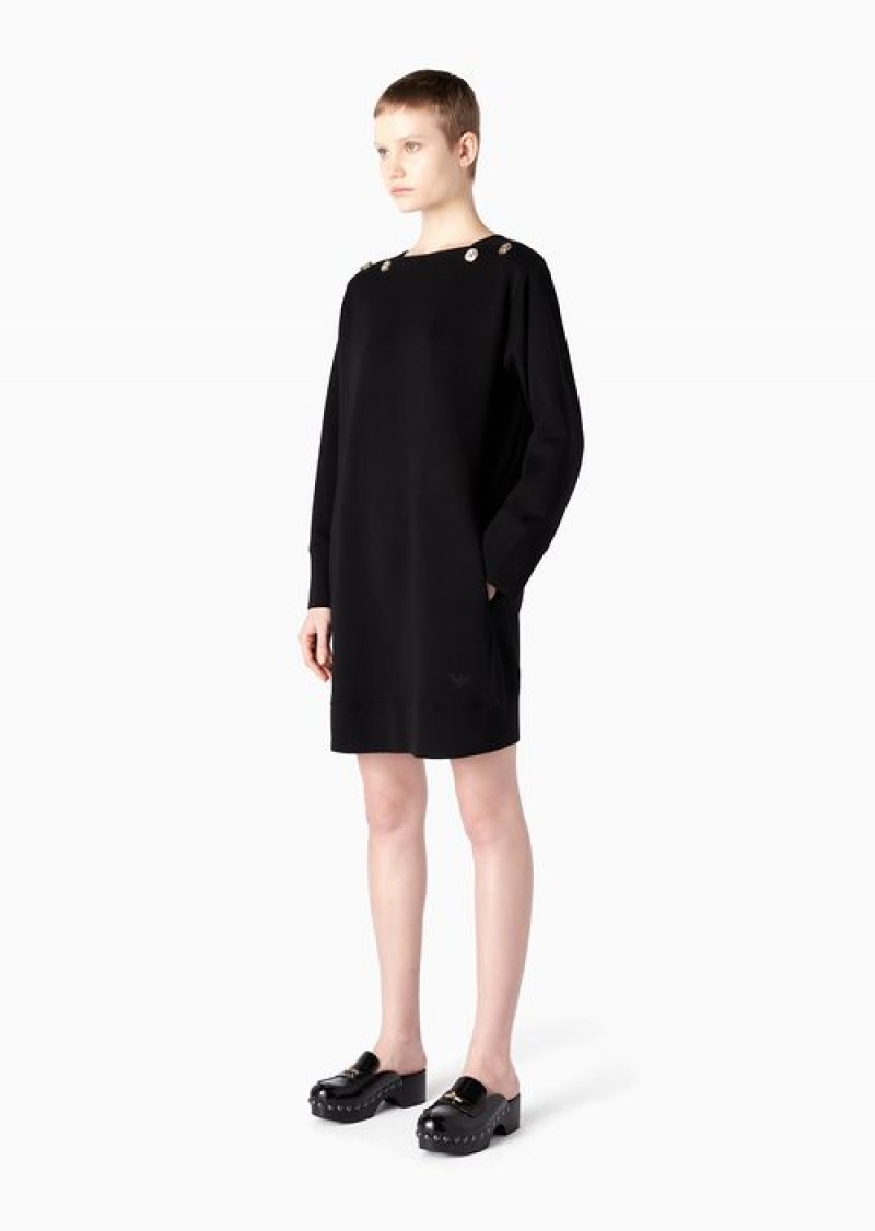 Black Emporio Armani Double Jersey Dress With Gold Logo Buttons | EA-SN56497